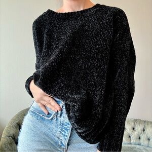 Seven7 black chenille oversized sweater drop shoulder pullover rib trim Large